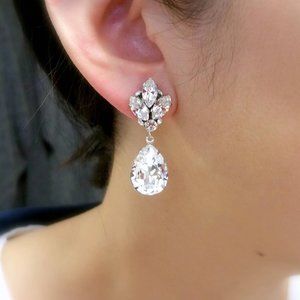 round cluster crystal rhinestone silver teardrop post earrings
